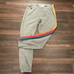 Aviator Nation Sweatpants Medium Gray Rainbow 5-Stripe Joggers Made in USA Retro
